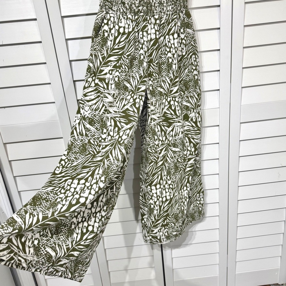 Nicole Miller NY Olive Green Tropical Palm Print Linen Jumpsuit XS Wide Leg - Picture 3 of 12